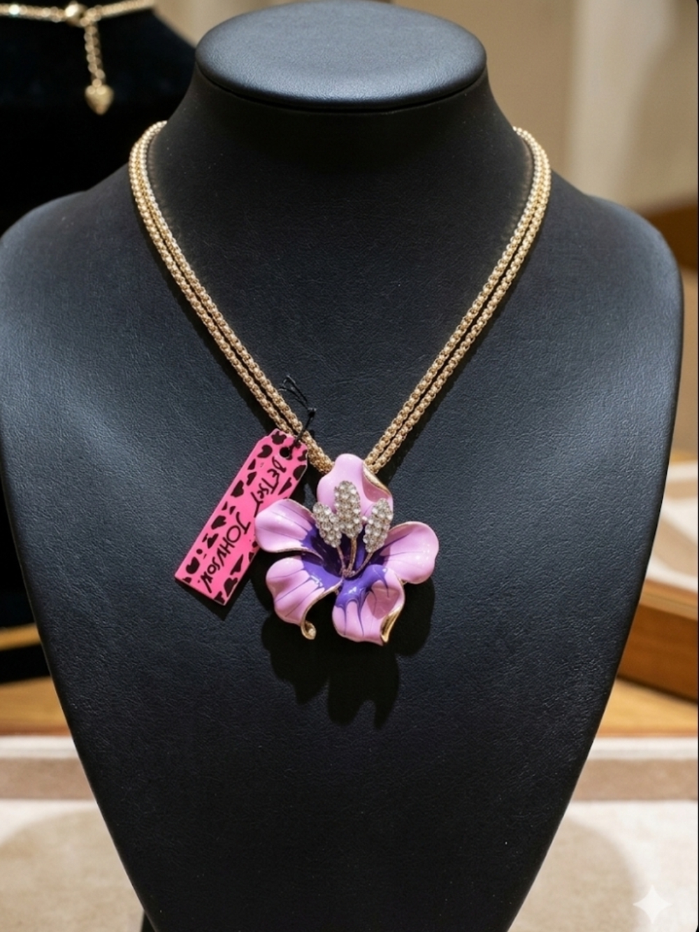 Betsey Johnson Gold-Tone Necklace with Pink & Purple Enamel Flower Pendant
